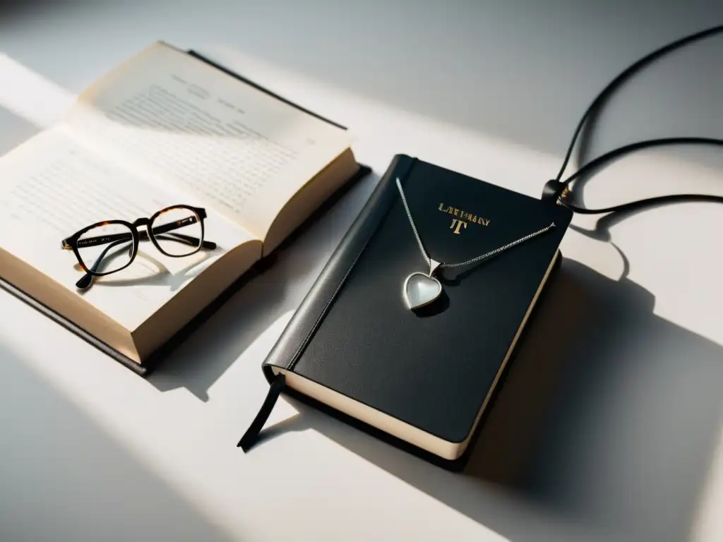 Combinar accesorios literarios outfit: Un conjunto minimalista con gafas, libro y collar de plata en una atmósfera elegante y equilibrada