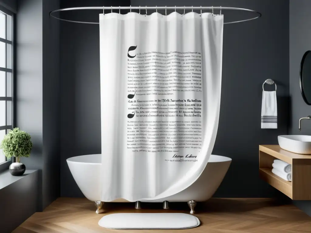 Accesorios literarios para decorar baño: Cortina de ducha minimalista con diseño de cita literaria en blanco y negro, elegante y encantadora