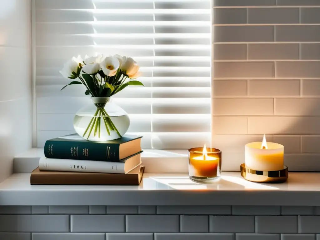 Accesorios literarios para decorar baño: Estantería minimalista con libros, flores y velas, iluminada por la suave luz del sol