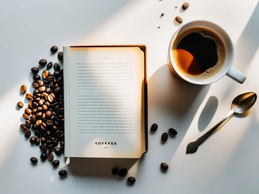 Un acogedor bodegón de un libro bienamado rodeado de granos de café, una taza de espresso humeante y luz suave