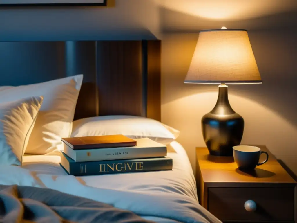 Un acogedor dormitorio iluminado suavemente con pijamas literarios cómodos para dormir y una pila de clásicos novelas literarias en la mesita de noche