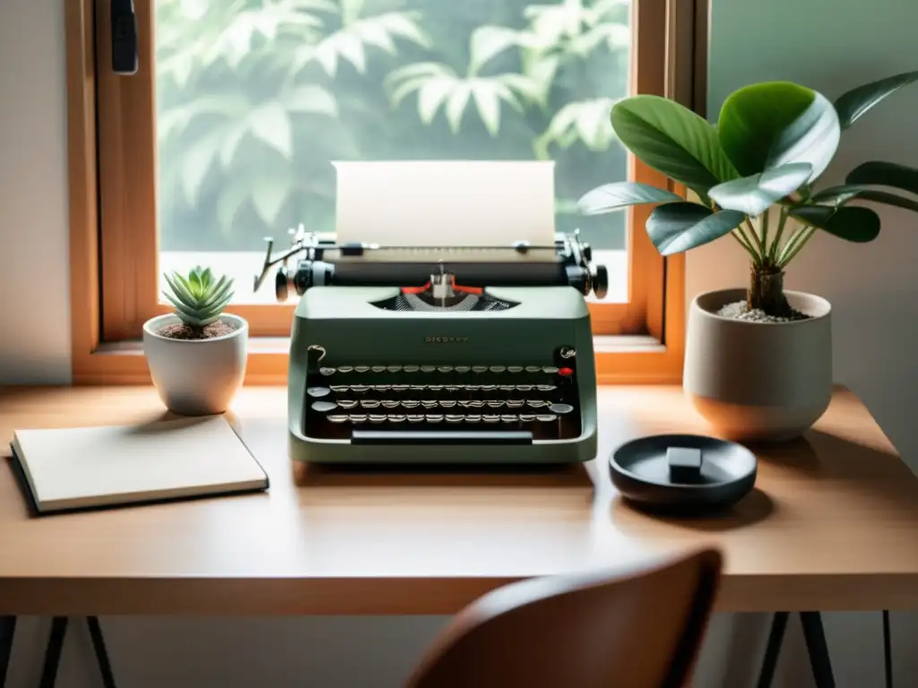 Un acogedor rincón de escritura bañado en luz natural, listo para consultoría literaria para escritores principiantes