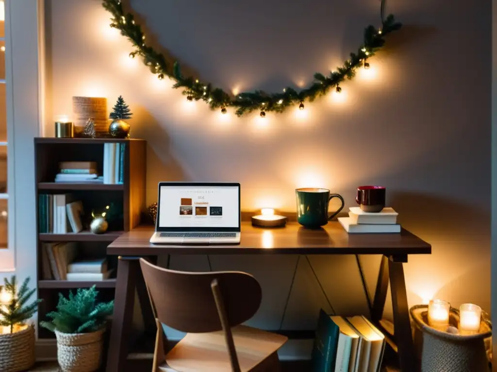 Un acogedor espacio de oficina en casa con escritorio elegante, libros autoeditados y decoraciones festivas