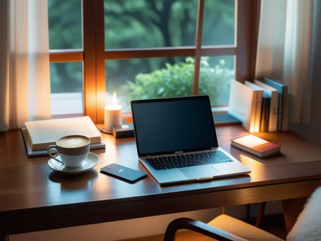 Un acogedor espacio de trabajo con laptop, café y novelas románticas, bañado por la suave luz de la mañana