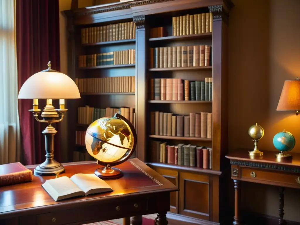 Acogedor estudio de estudio histórico con muebles de madera antigua, libros de cuero del siglo XIX y un globo vintage