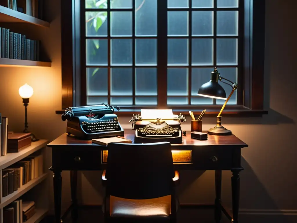 Estudio minimalista con escritorio de escritor y chimenea Acogedor estudio minimalista con escritorio de madera, máquina de escribir vintage, ventana iluminada y estanterías llenas de libros
