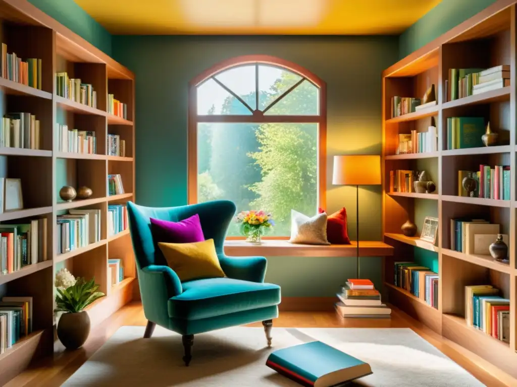 Acogedor rincón de lectura con estanterías llenas de libros coloridos, sillón mullido, lámpara cálida y ventana con vista al jardín