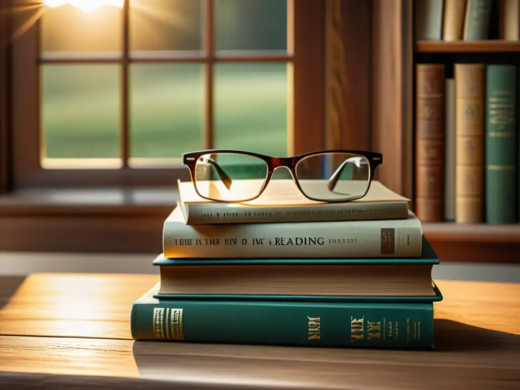 Un acogedor rincón de lectura con libros antiguos y gafas sobre una mesa de madera