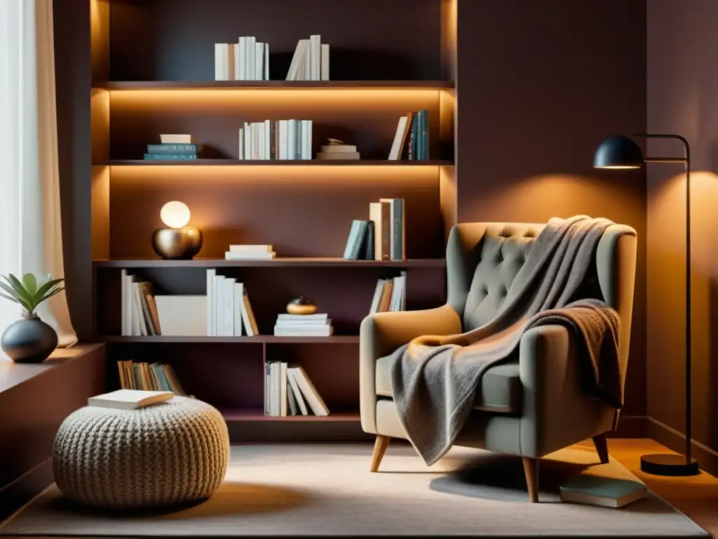 Acogedor rincón de lectura con decoración temática literaria para merchandising, luz ambiental y sillón confortable con manta cálida