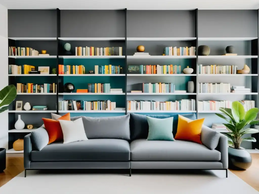 Acogedor salón minimalista con estantería llena de libros en degradado y decoración temática ambientes novela