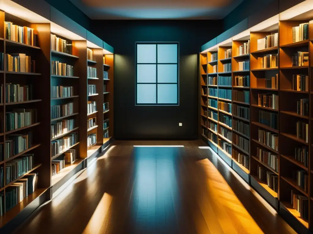 Acogedora biblioteca con libros ordenados en estantes de madera, iluminada por una lámpara de escritorio