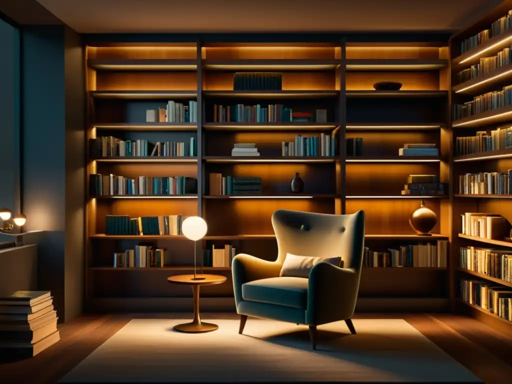 Acogedora biblioteca con luz tenue, sillón, mesa y lámpara vintage