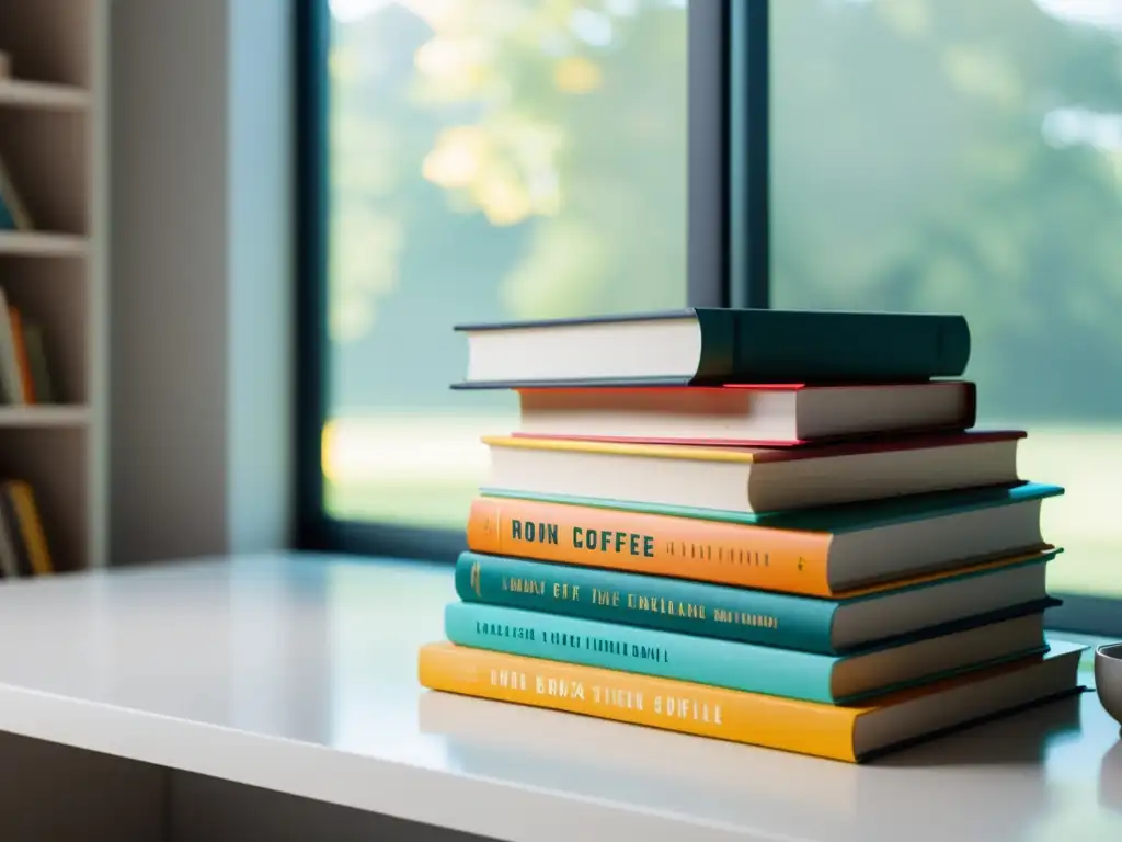 Una acogedora escena con libros coloridos, una taza de café y gafas, perfecta para promocionar libros en el marketing digital