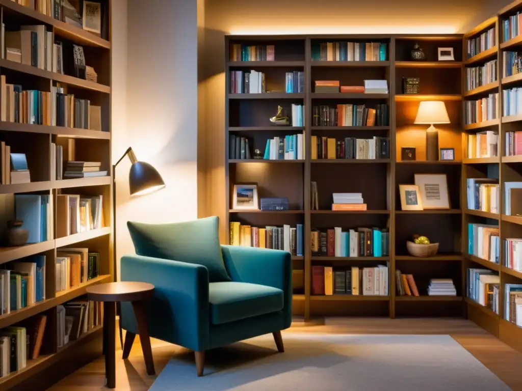 Acogedora librería con ambiente tranquilo, libros organizados y rincón de lectura con café y gafas