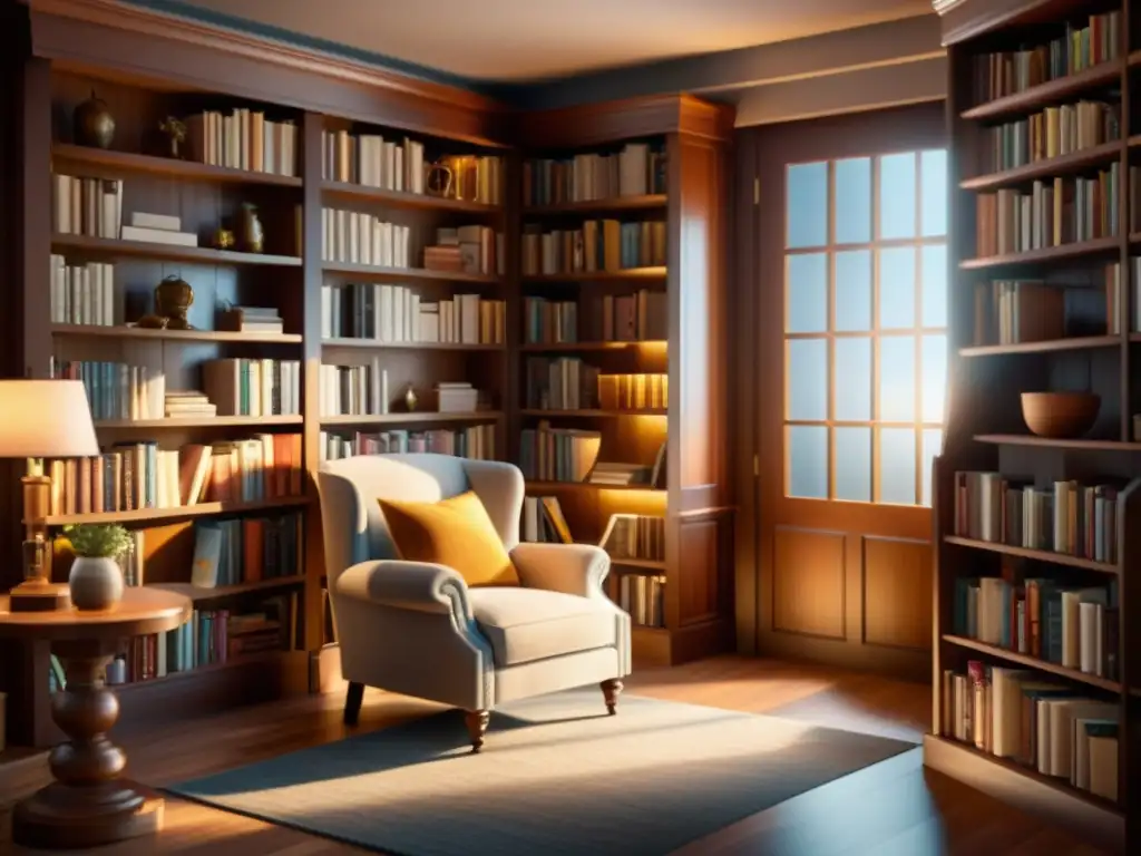 Librería acogedora: rinconcito de lectura con té caliente Acogedora librería con estantes de madera repletos de libros, rincón de lectura con sillón y taza de té, luz suave