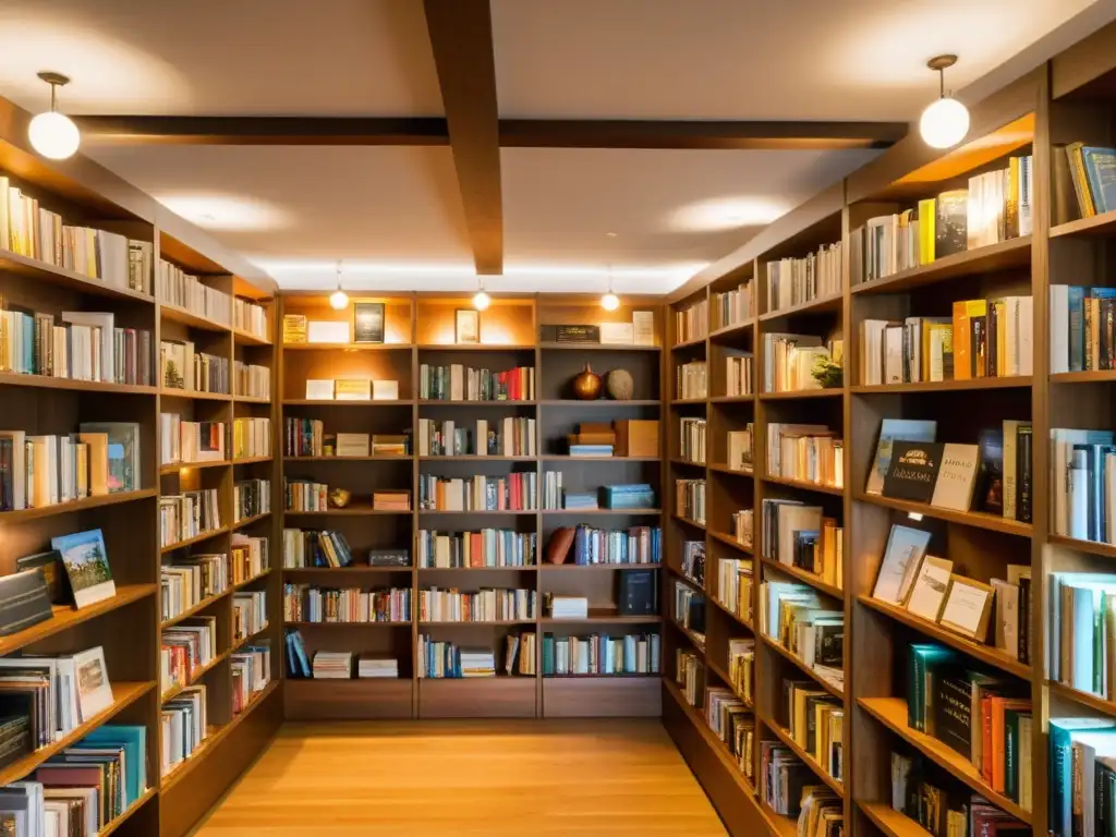 Acogedora librería con decoración temática literaria para merchandising, iluminación cálida y estanterías de madera llenas de libros