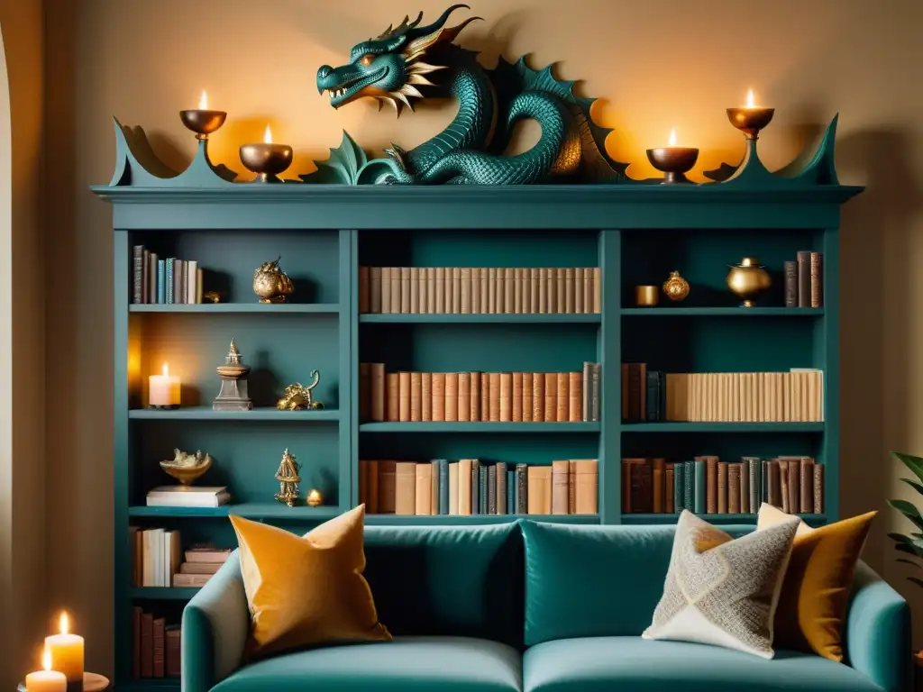 Acogedora sala con estantería de fantasía literaria y accesorios decorativos, ambiente mágico y cálido