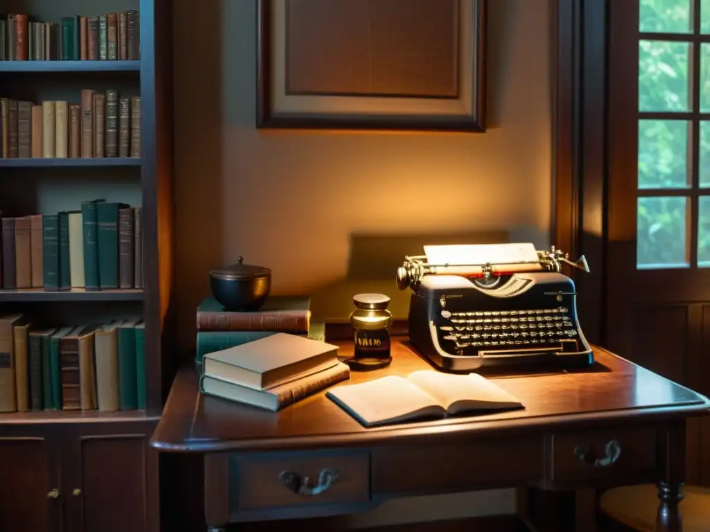 Acogedora sala de estudio con escritorio de madera desordenado, libros apilados y una máquina de escribir vintage