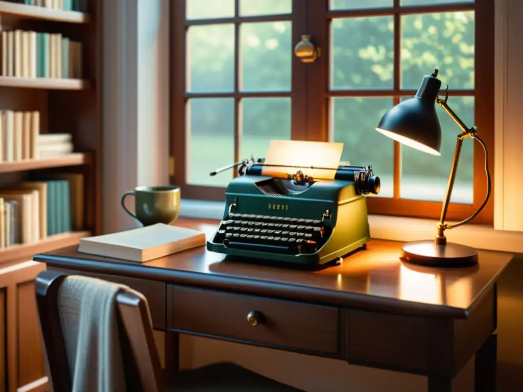 Acogedora sala de estudio con escritorio de madera, máquina de escribir vintage, libros, taza de té y gafas