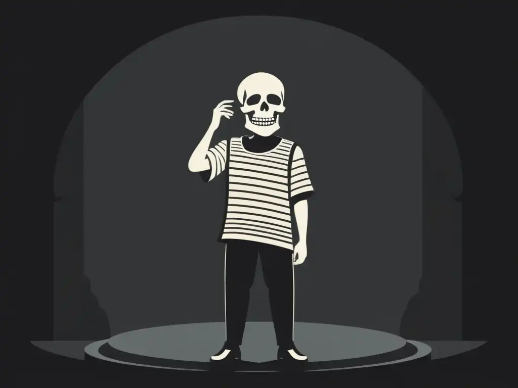 Teatro shakesperiano: Dramática ironía en blanco y negro Un actor en el escenario de un teatro, sosteniendo una calavera en una pose dramática y irónica