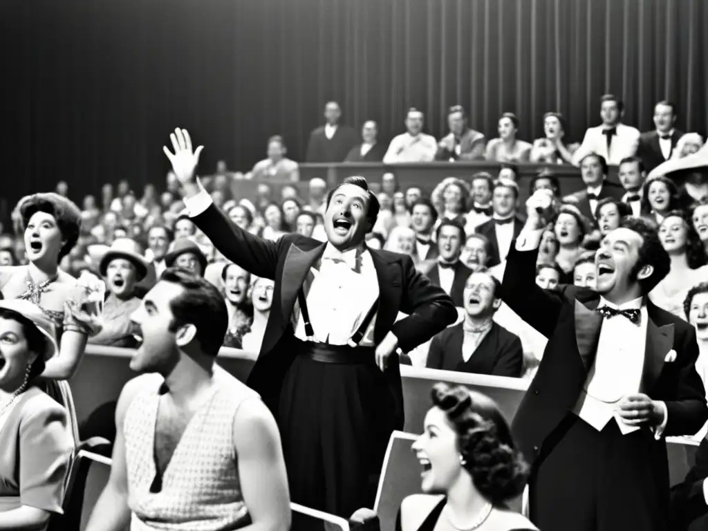 Actores en escena de comedia teatral, público riendo y aplaudiendo