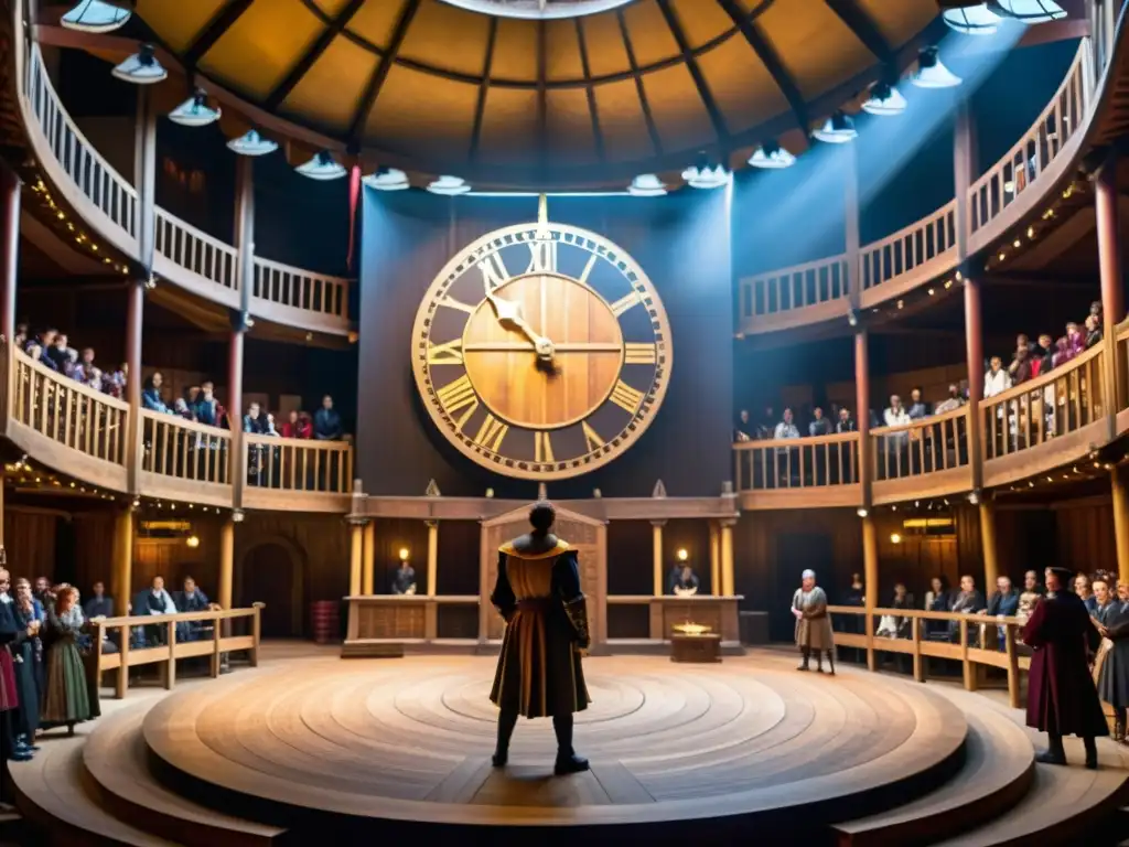 Actores representando una escena en el Globe Theatre de Shakespeare, con vestuario de la era isabelina y una atmósfera dramática