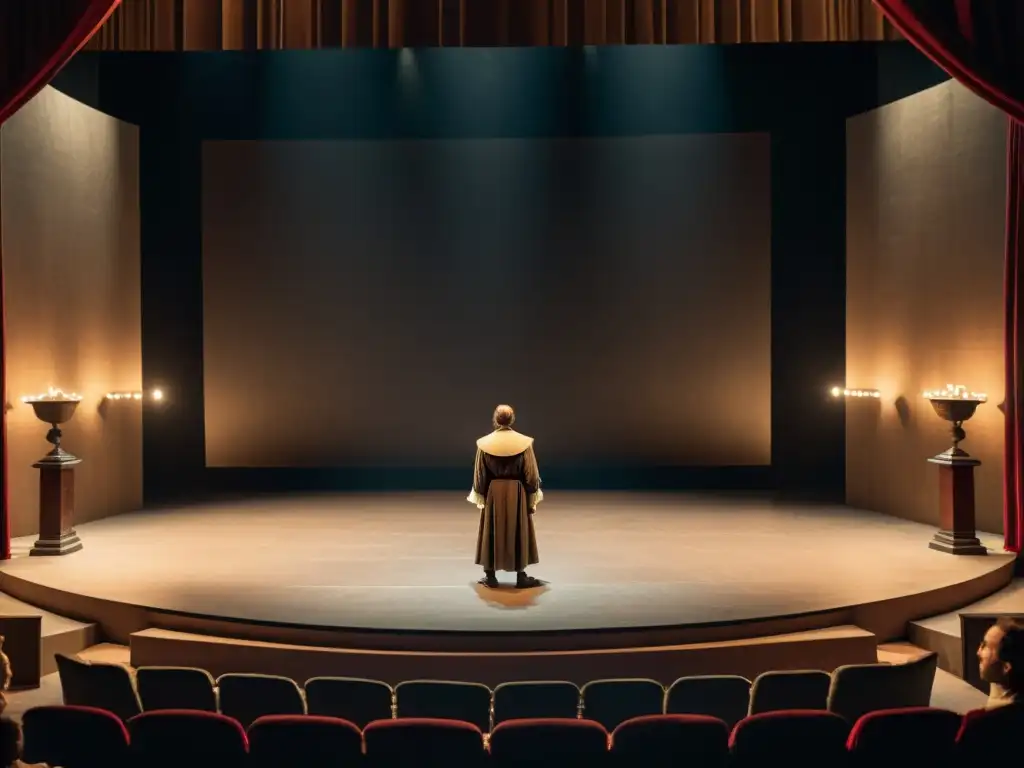 Actores con vestuario de época actúan en un escenario minimalista, iluminado, evocando la atmósfera teatral de Shakespeare