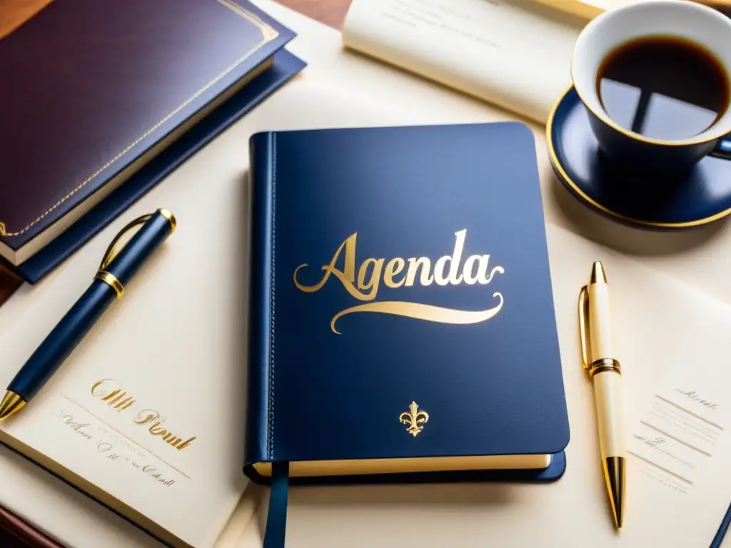 Agenda de cuero con motivos literarios, descansando en un elegante escritorio de madera