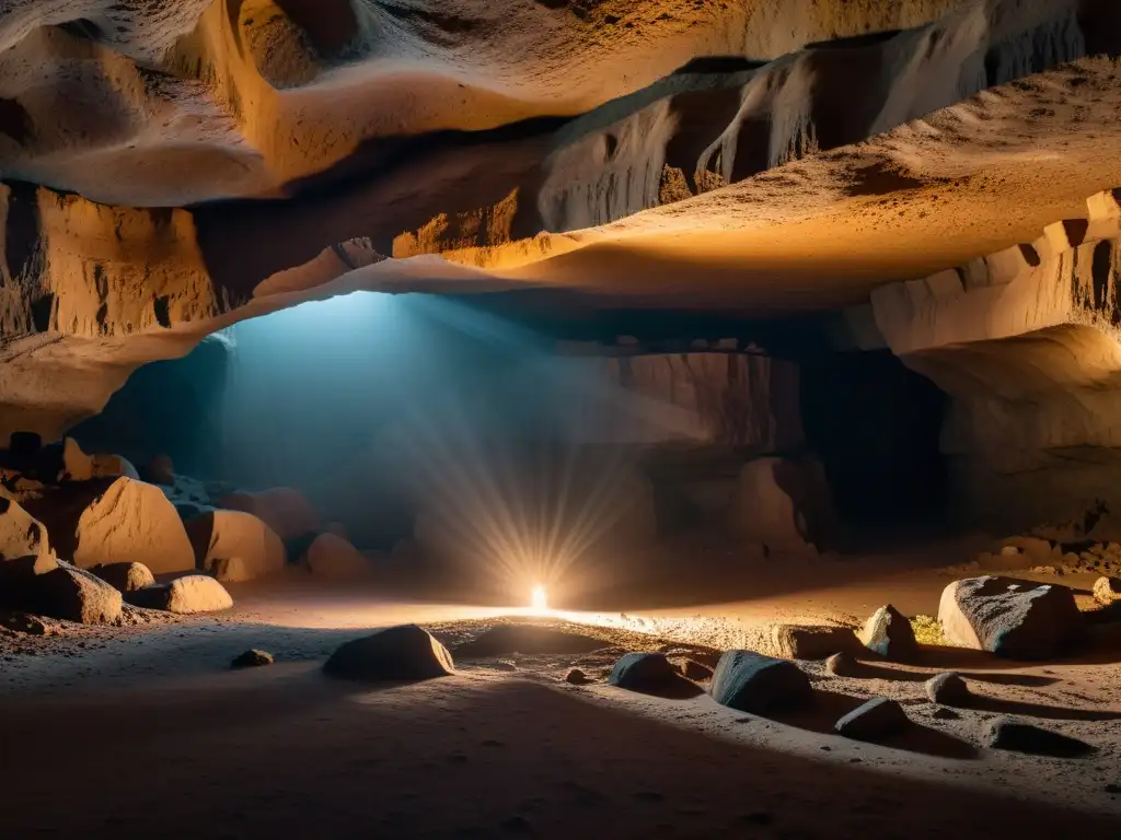 Alegoría del mito de la caverna: Detallada cueva minimalista en penumbra, con paredes texturizadas