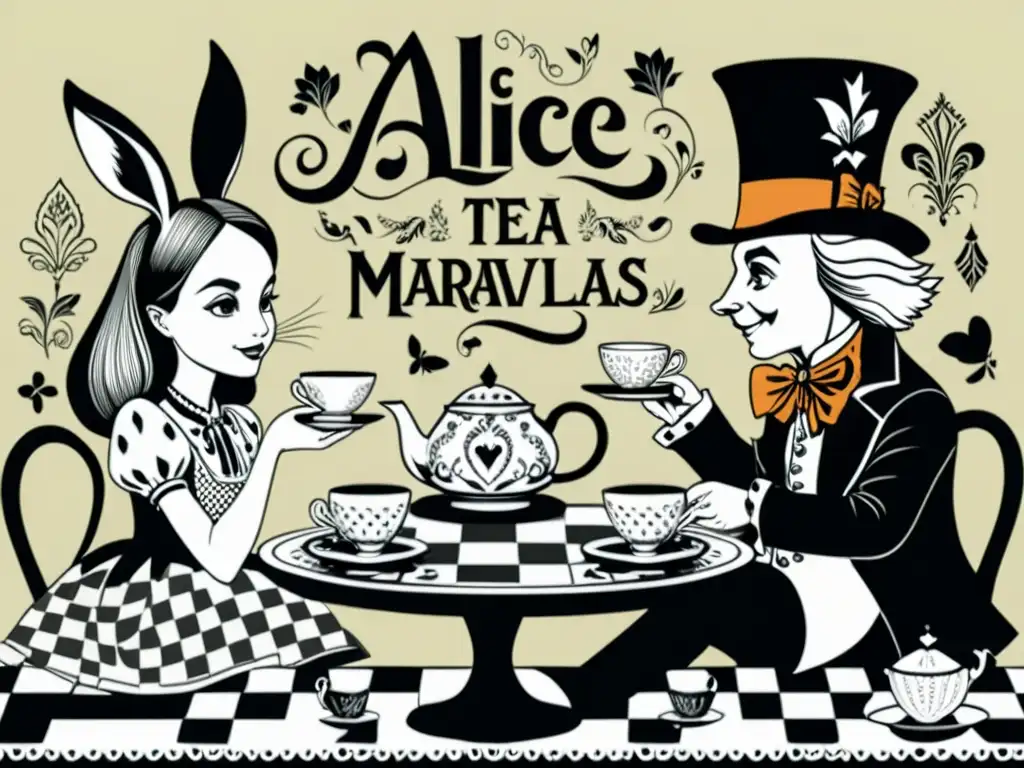 Alicia en el País de las Maravillas análisis literario: Ilustración detallada en blanco y negro de Alicia en una fiesta de té con el Sombrerero Loco, la Liebre de Marzo y el Lirón, rodeados de patrones intrincados