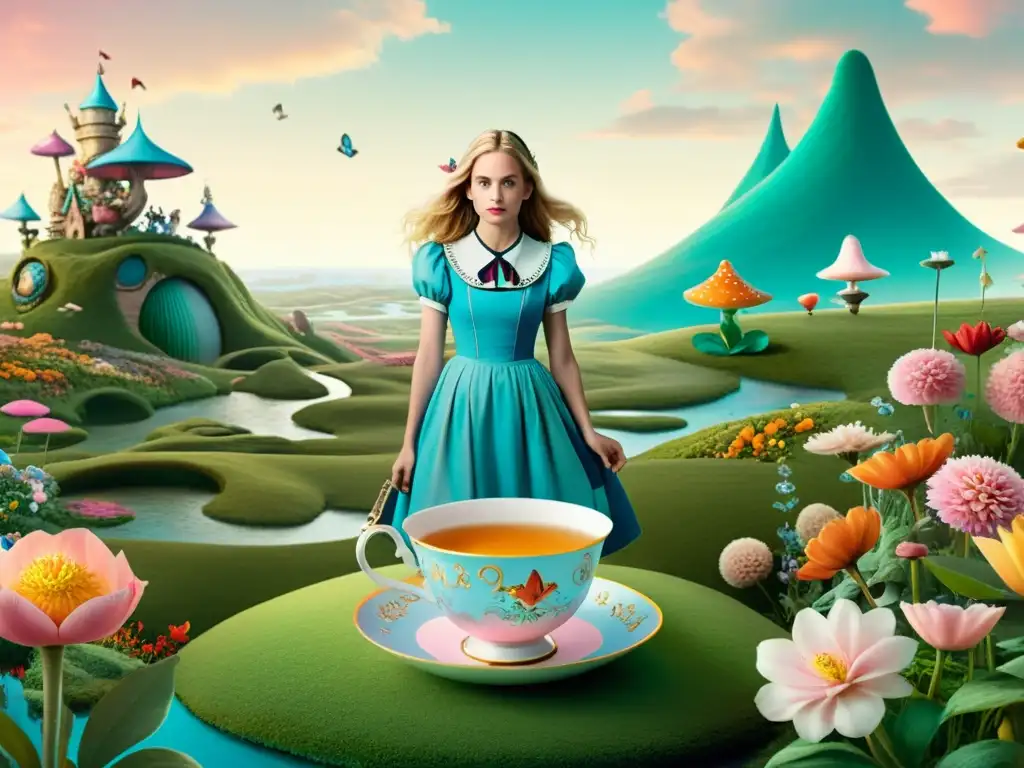 Alicia en el País de las Maravillas: ilustración minimalista de Alice en un paisaje surrealista, rodeada de elementos fantásticos en colores vibrantes