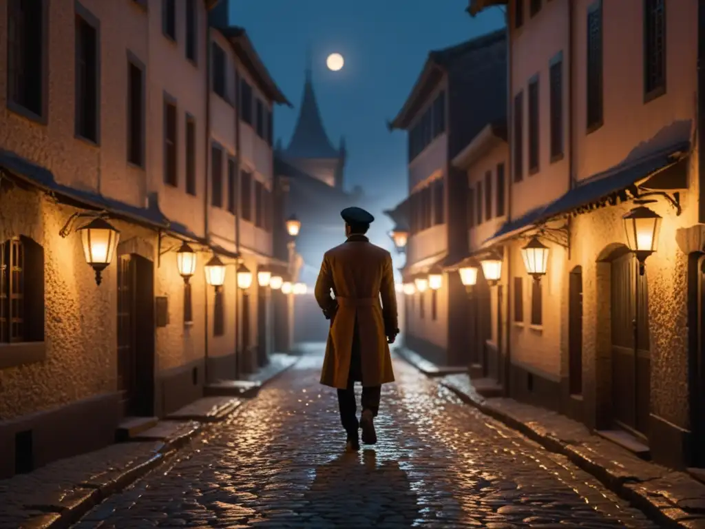 Alleyway con faroles parpadeantes, figura misteriosa bajo la luna, evocando el Romanticismo español en Don Juan Tenorio