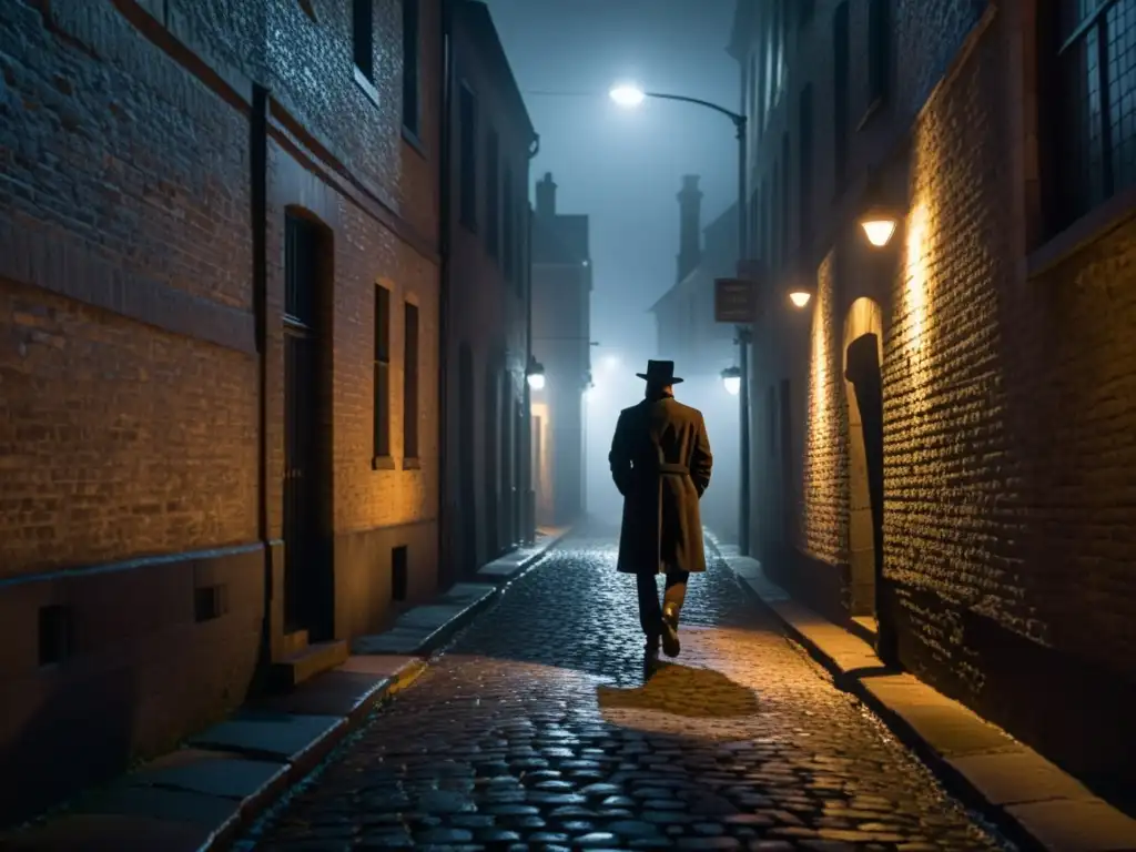 Alleyway misterioso de noche con luz de farola, sombras largas y atmósfera enigmática