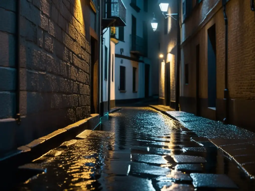Alleyway misterioso en Semana Negra Alleyway oscuro con farola solitaria iluminando adoquines mojados