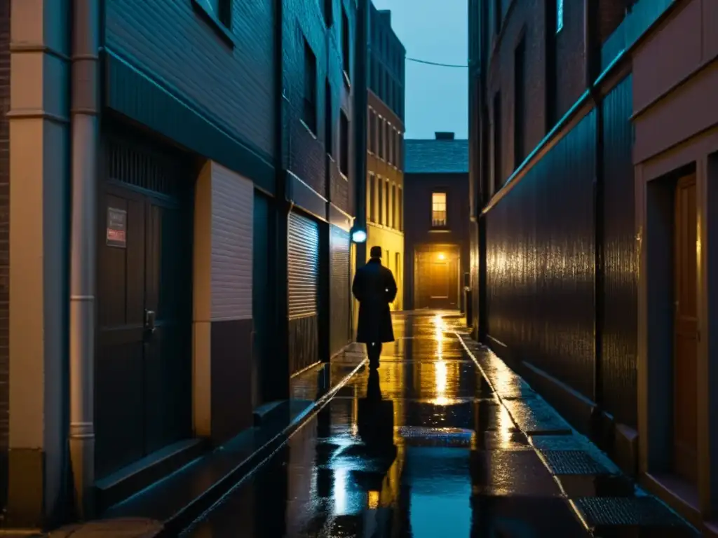 Alleyway nocturno enigmático: misterio bajo la luz Alleyway sombría de noche con luz de farola, edificios imponentes y figura misteriosa