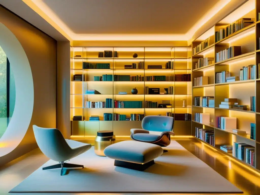 Almacenamiento libros favoritos online en biblioteca futurista de cristal, luces suaves y ambiente sereno