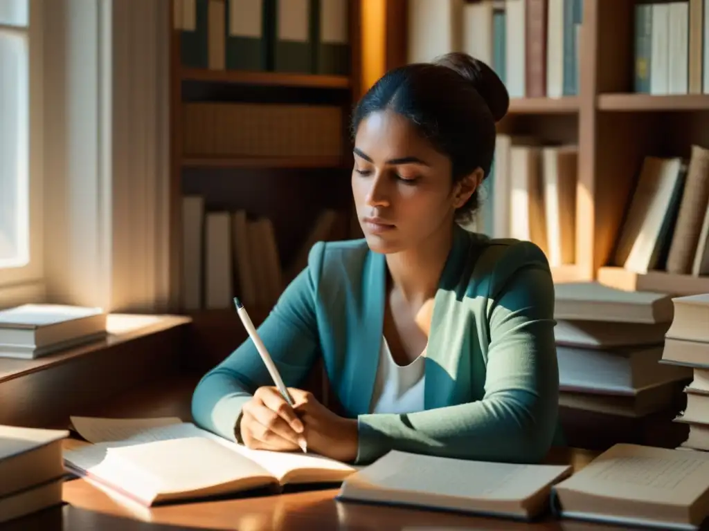 Almudena Grandes escribiendo en su escritorio, rodeada de libros y papeles, con luz natural