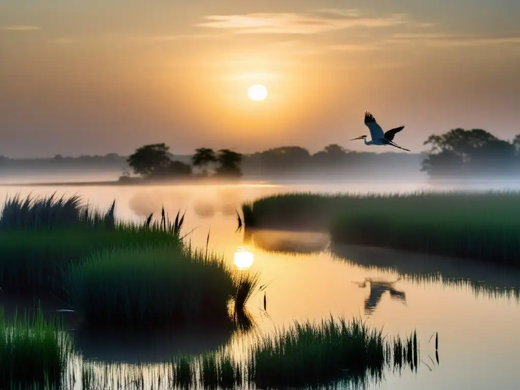 Un amanecer sereno en un humedal con niebla y aves en vuelo