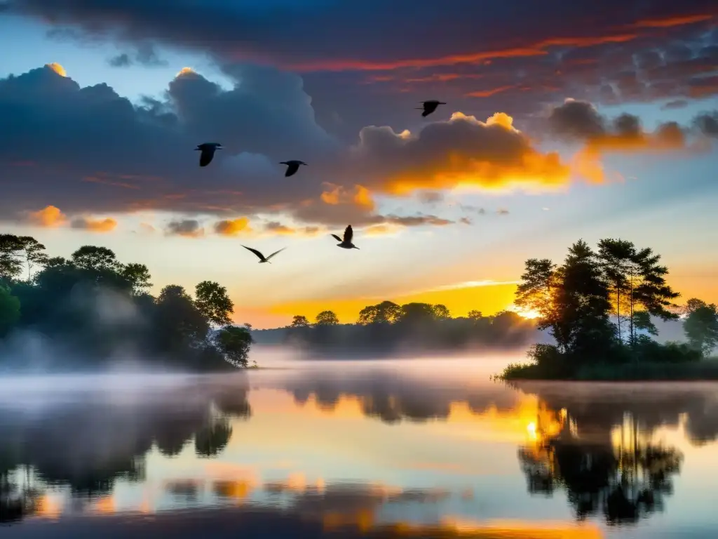 Un amanecer vibrante sobre un lago tranquilo, con niebla y aves en vuelo, capturando la fugacidad de la vida y el carpe diem en la naturaleza