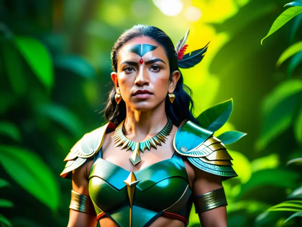 Una Amazona guerrera mitológica se alza poderosa en la exuberante jungla, empuñando un arco con determinación