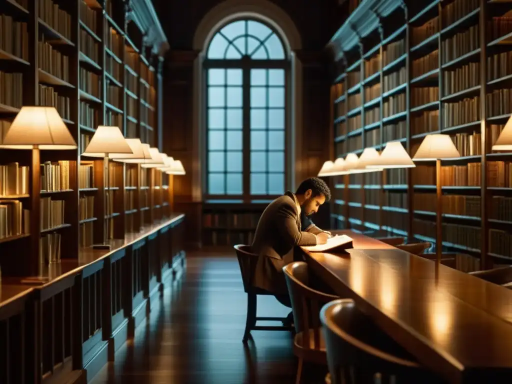 Un ambiente acogedor en una biblioteca, con estanterías repletas de libros, lámparas que iluminan suavemente y una persona concentrada en su cuaderno