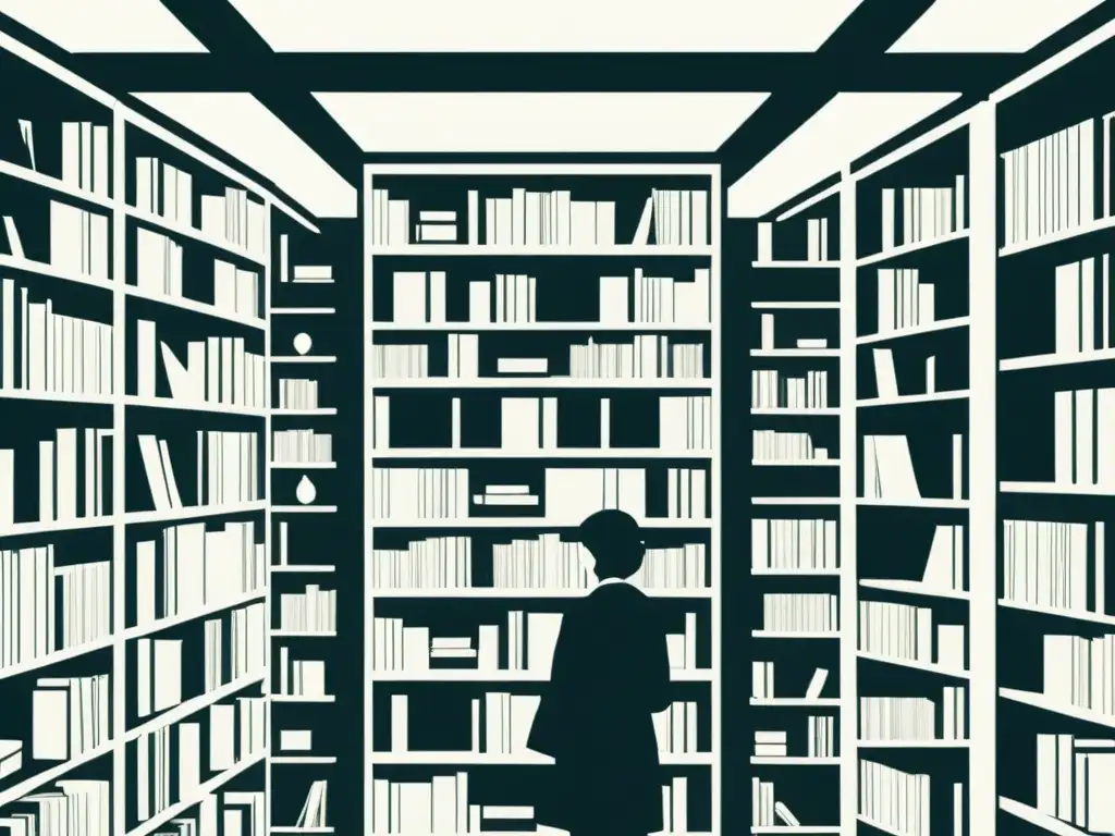 Un ambiente de biblioteca minimalista en blanco y negro, con secciones de géneros literarios y un personaje explorando