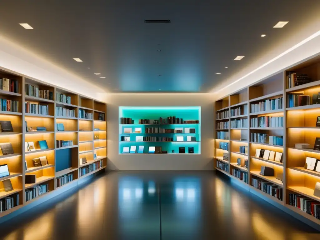 Un ambiente bibliotecario contemporáneo con tecnología, lectores y aplicaciones para potenciar reseñas de lectores
