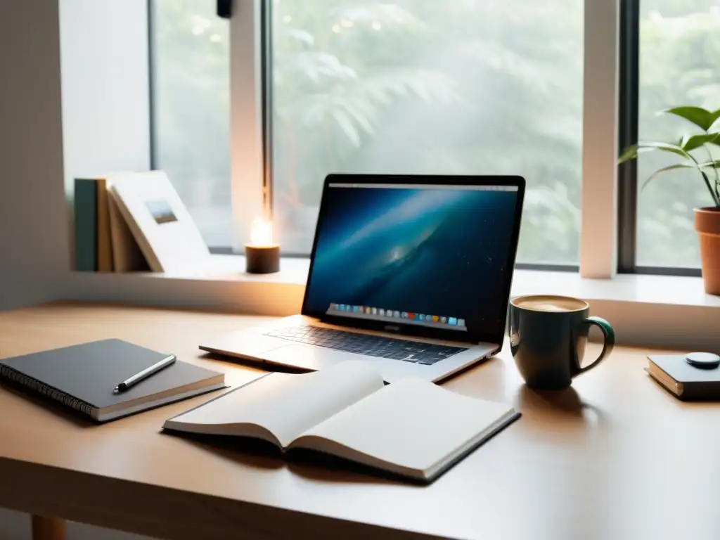 Escritorio de artista: laptop moderna, café, luz natural Con un ambiente minimalista y acogedor, el escritorio de un artista con laptop, cuadernos y café invita a la creatividad y la concentración