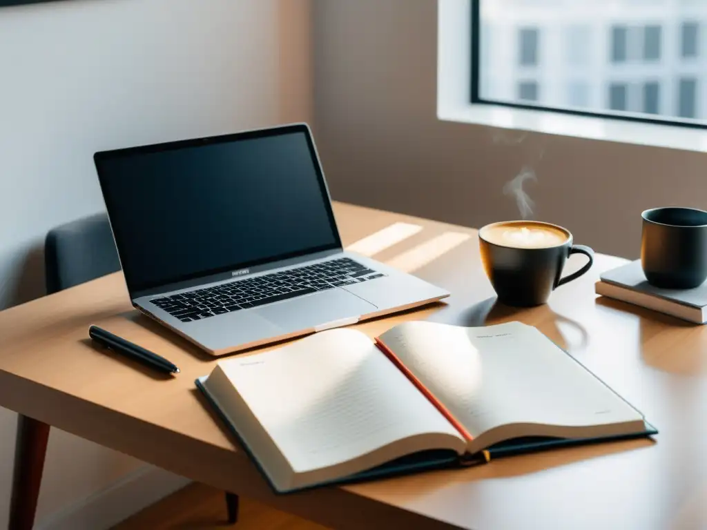 Un ambiente minimalista con un escritorio moderno, laptop, cuaderno y café