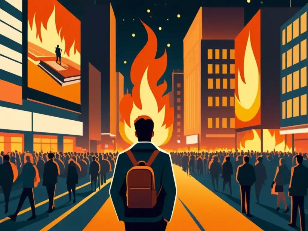 Guy Montag desafía el ambiente opresivo de 'Fahrenheit 451' mientras las llamas iluminan su determinación en medio del reflejo social en Fahrenheit 451