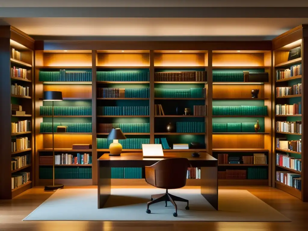 Un ambiente tranquilo y académico en una biblioteca iluminada, con estanterías de madera repletas de libros