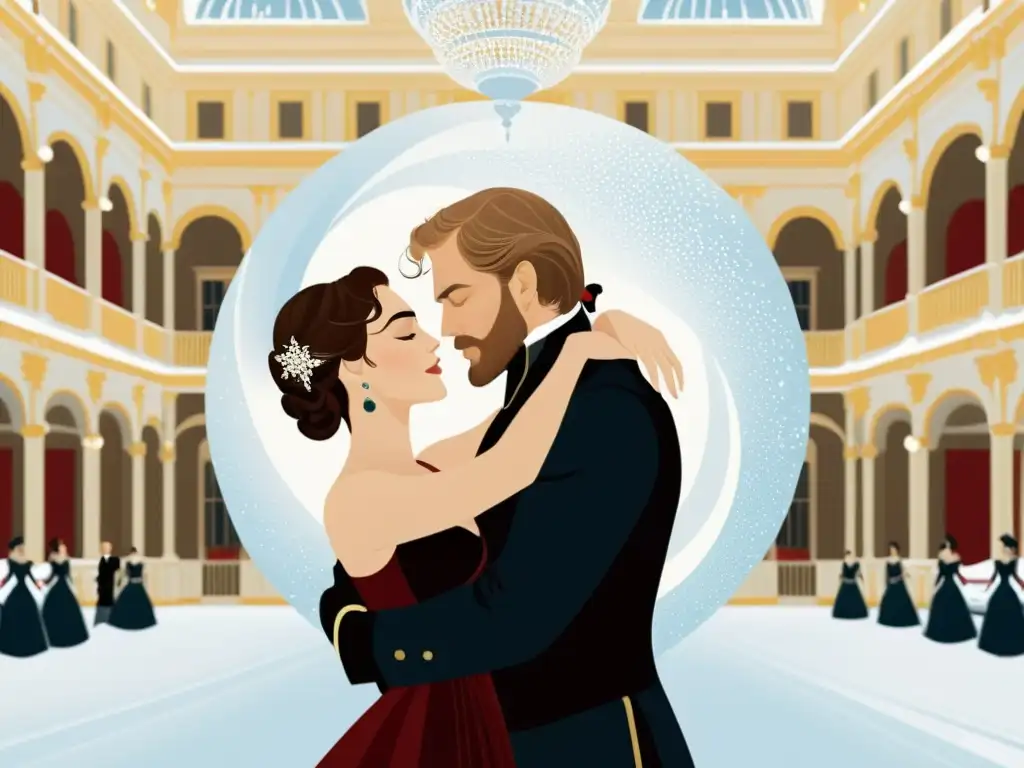 Representación de amor y pasión con Anna Karenina y Count Vronsky en un abrazo apasionado entre la nieve y un salón de baile