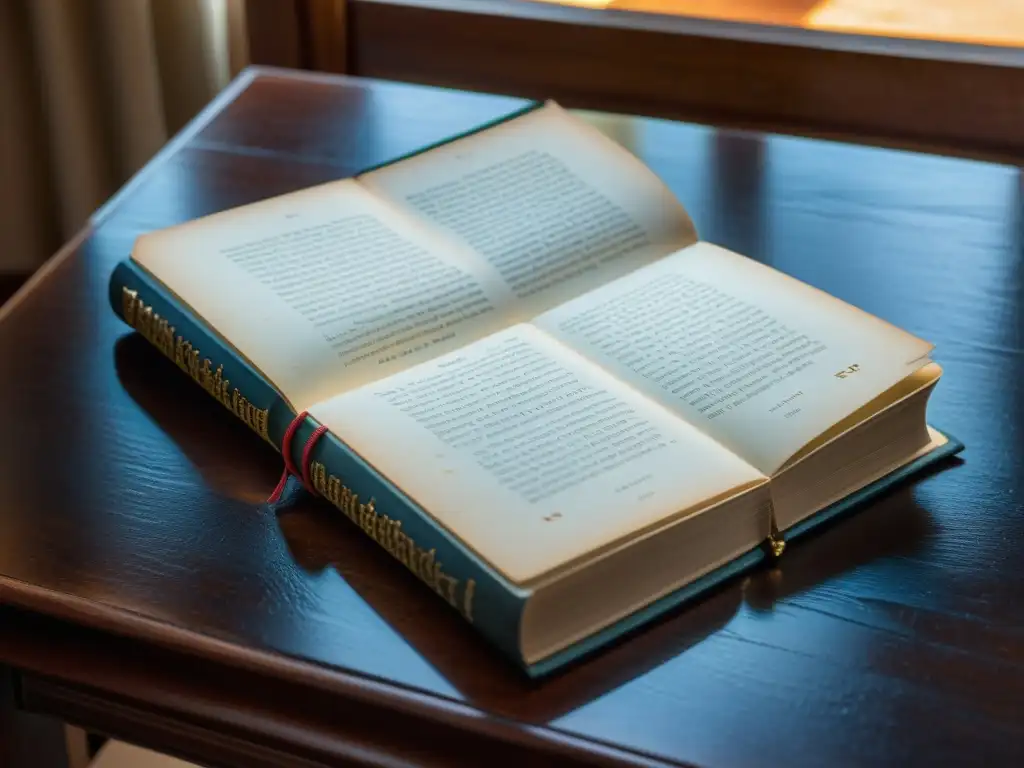 Análisis detallado Los Miserables Victor Hugo: Libro envejecido reposa en mesa de madera iluminada por cálida luz solar