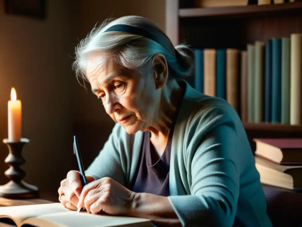 Una anciana concentrada escribe en un cuarto con libros antiguos, creando una atmósfera de introspección